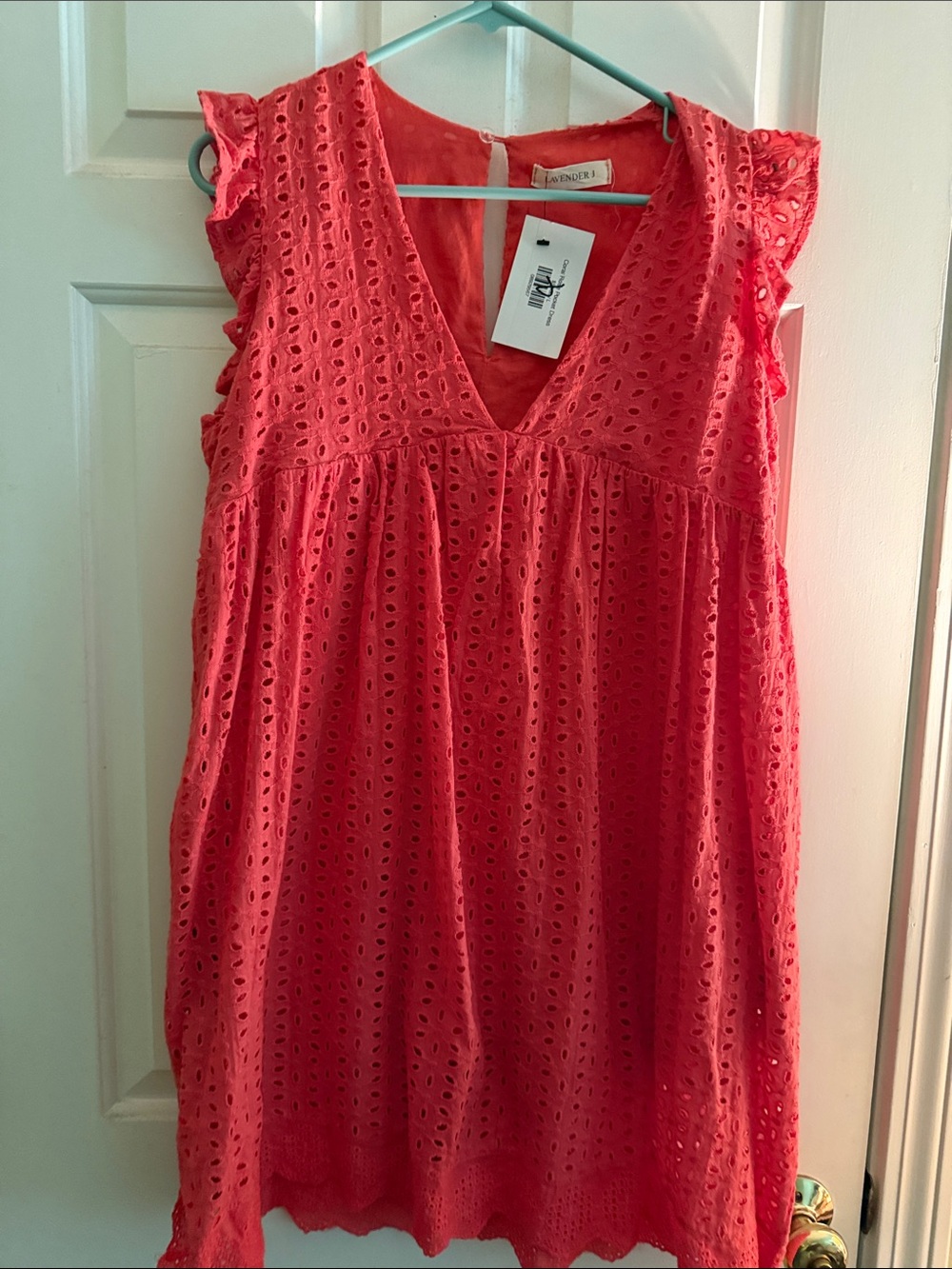 Sleeveless Eyelet V-Neck Tunic Dress in Coral by Lavender J in size Large